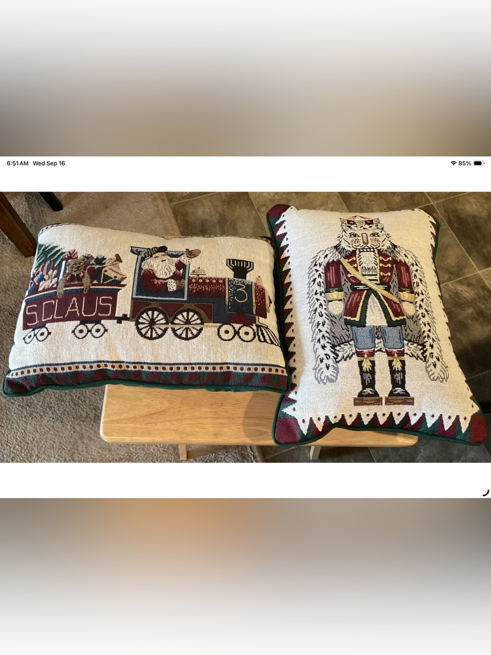Lot of 2 Riverdale Decorative Christmas Pillows 15x12” Santa in Train/Nutcracker